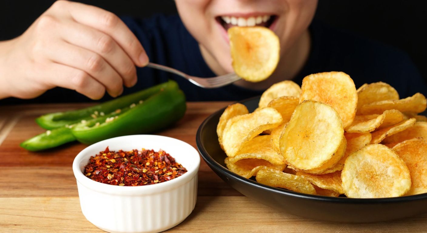 A person in Turkey winces while eating a handful of golden-brown potato chips, with a bowl of spicy red pepper flakes and sliced green peppers nearby on a wooden table.