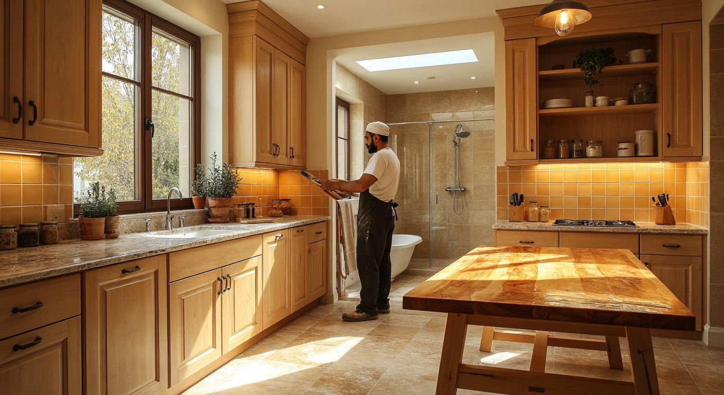A Turkish kitchen with freshly painted wooden cabinets and a granite countertop, a bathroom with glossy tiled walls and a sleek shower cabin, and a craftsman carefully applying varnish to a raw wooden table, all bathed in warm, natural light.