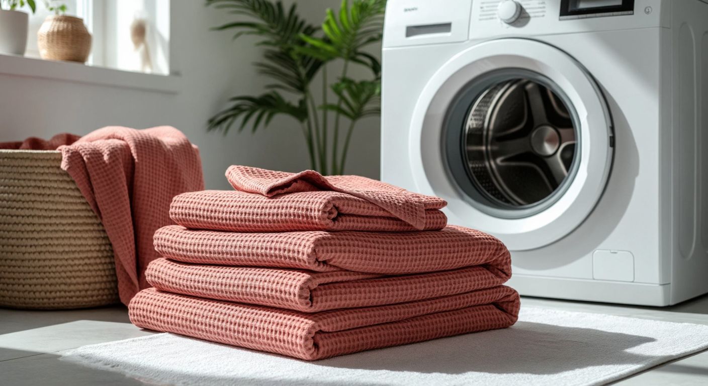 A neatly folded stack of soft, waffle-textured terracotta-red pike fabric sits beside a washing machine with a gentle cycle setting, evoking care and warmth in a sunlit Turkish laundry room.