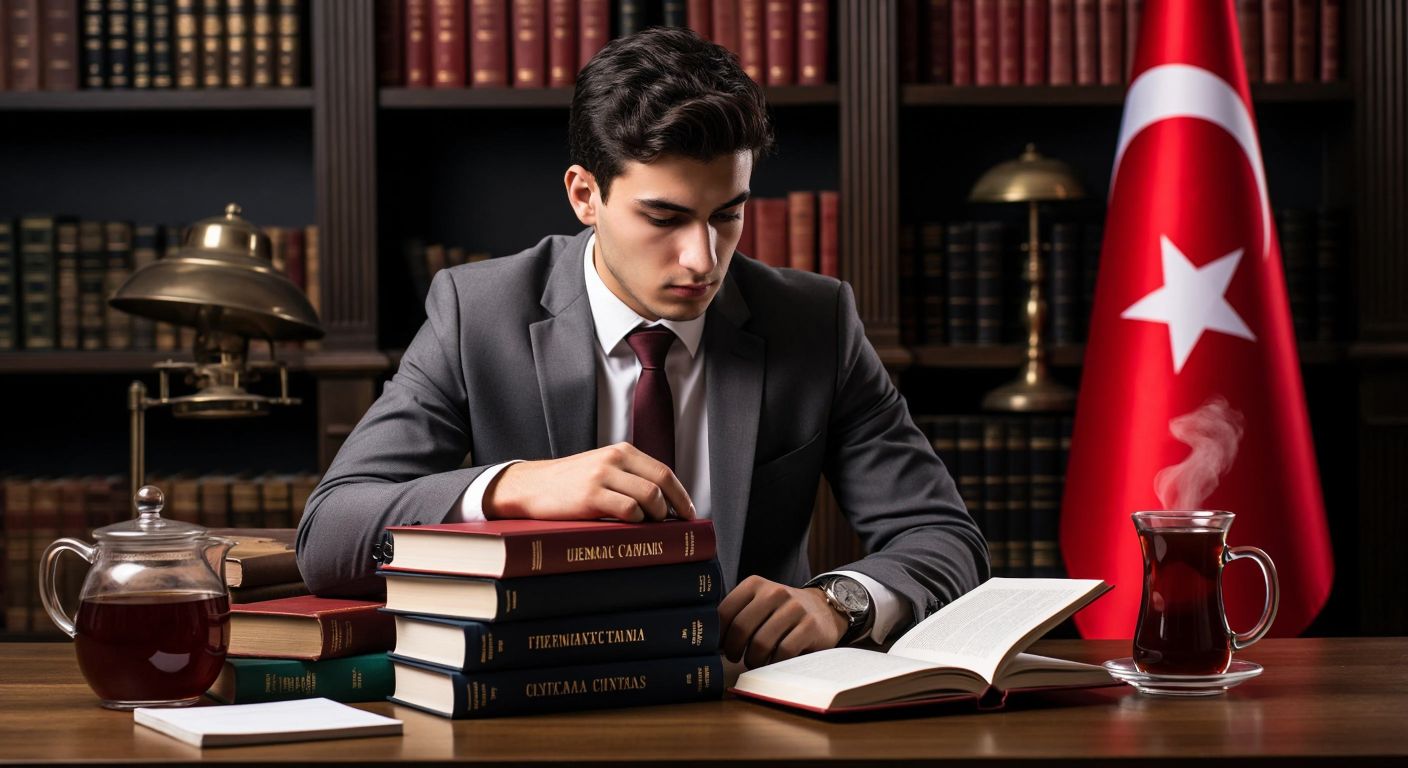 A focused young adult in a formal setting studies a stack of books labeled with subjects like law, administration, and finance, surrounded by a Turkish flag and a cup of steaming çay.