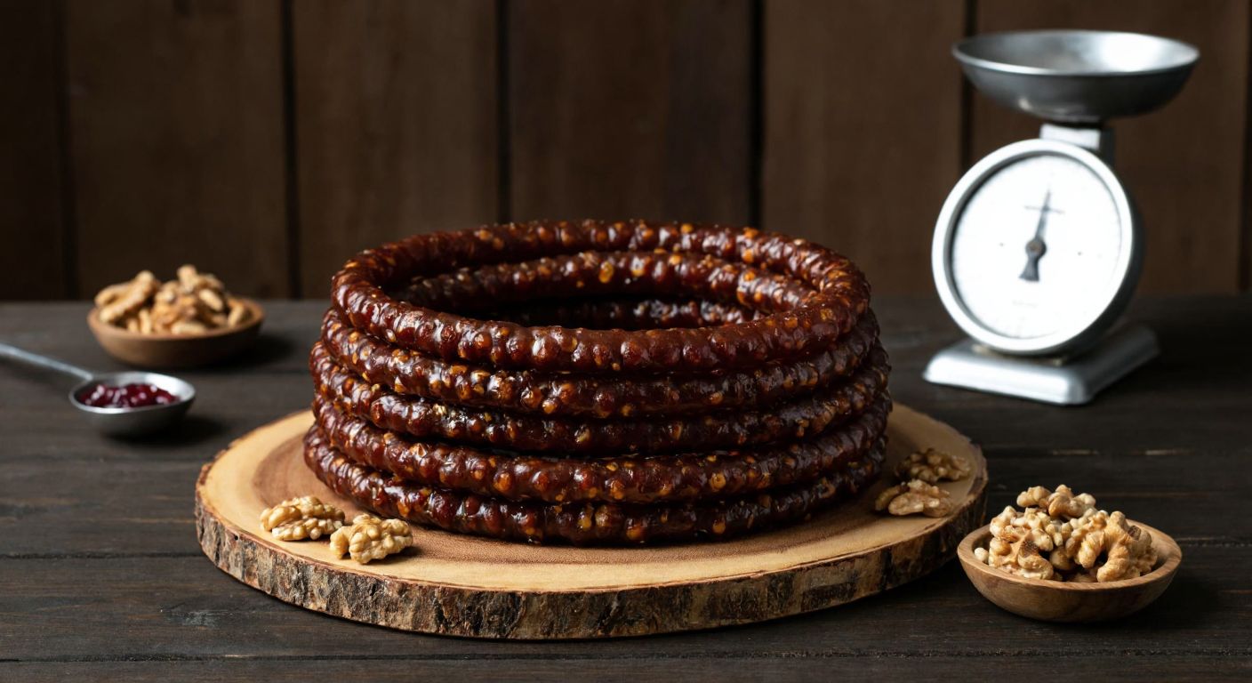 A rustic wooden table in a Turkish kitchen holds a coiled strand of glossy, dark brown cevizli sucuk, sliced to reveal walnuts embedded in the sticky grape molasses, with a small kitchen scale nearby.