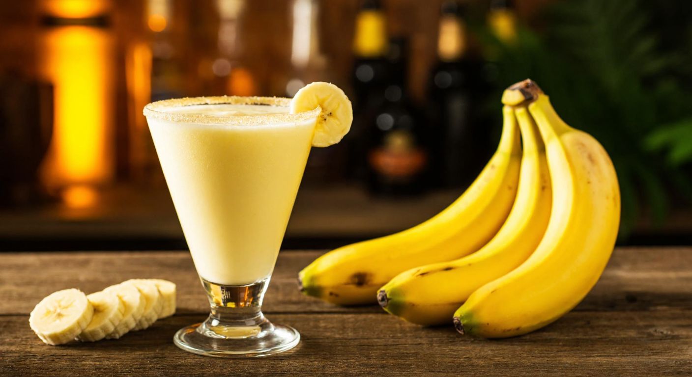 A vibrant tropical bar scene with ripe yellow bananas, a tall frosty glass of creamy banana liqueur cocktail garnished with a banana slice, and a rustic wooden countertop under warm golden lighting.