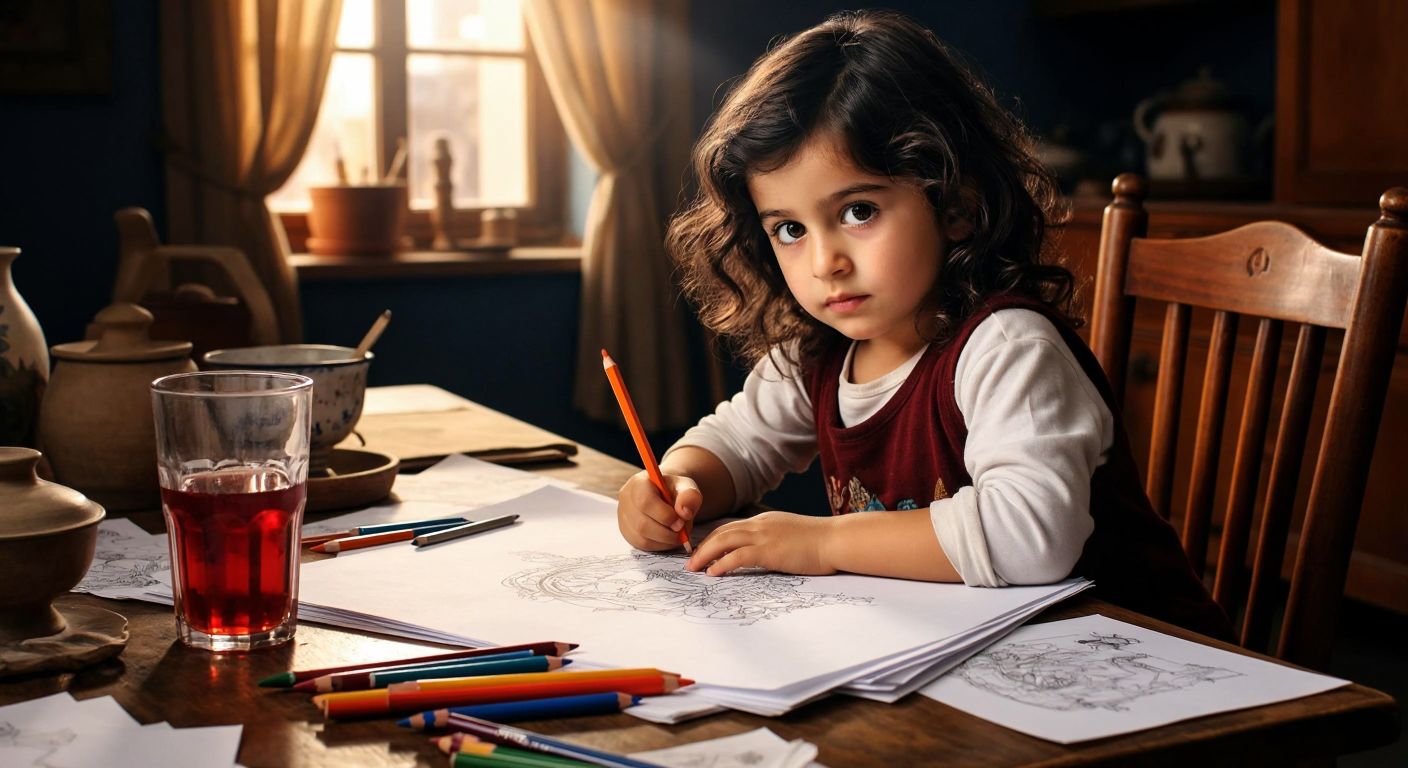A young Turkish child with dark hair and bright eyes sits at a wooden table, carefully coloring a worksheet with crayons, surrounded by scattered papers and a half-empty glass of şerbet.