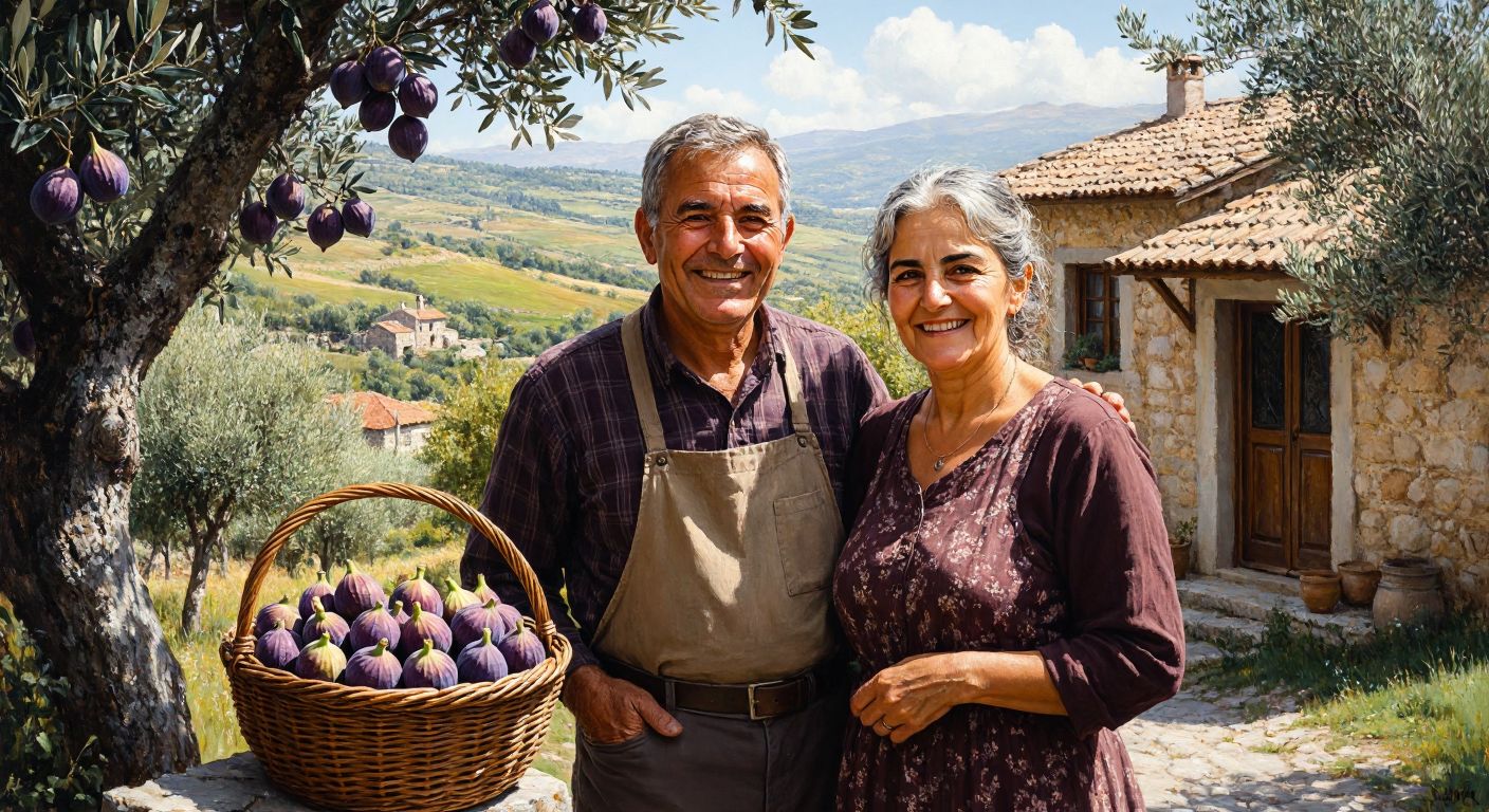 A smiling elderly couple stands in front of a rustic stone house in a sunlit Turkish village, surrounded by olive trees, with a woven basket of fresh figs at their feet and a distant view of rolling green hills.