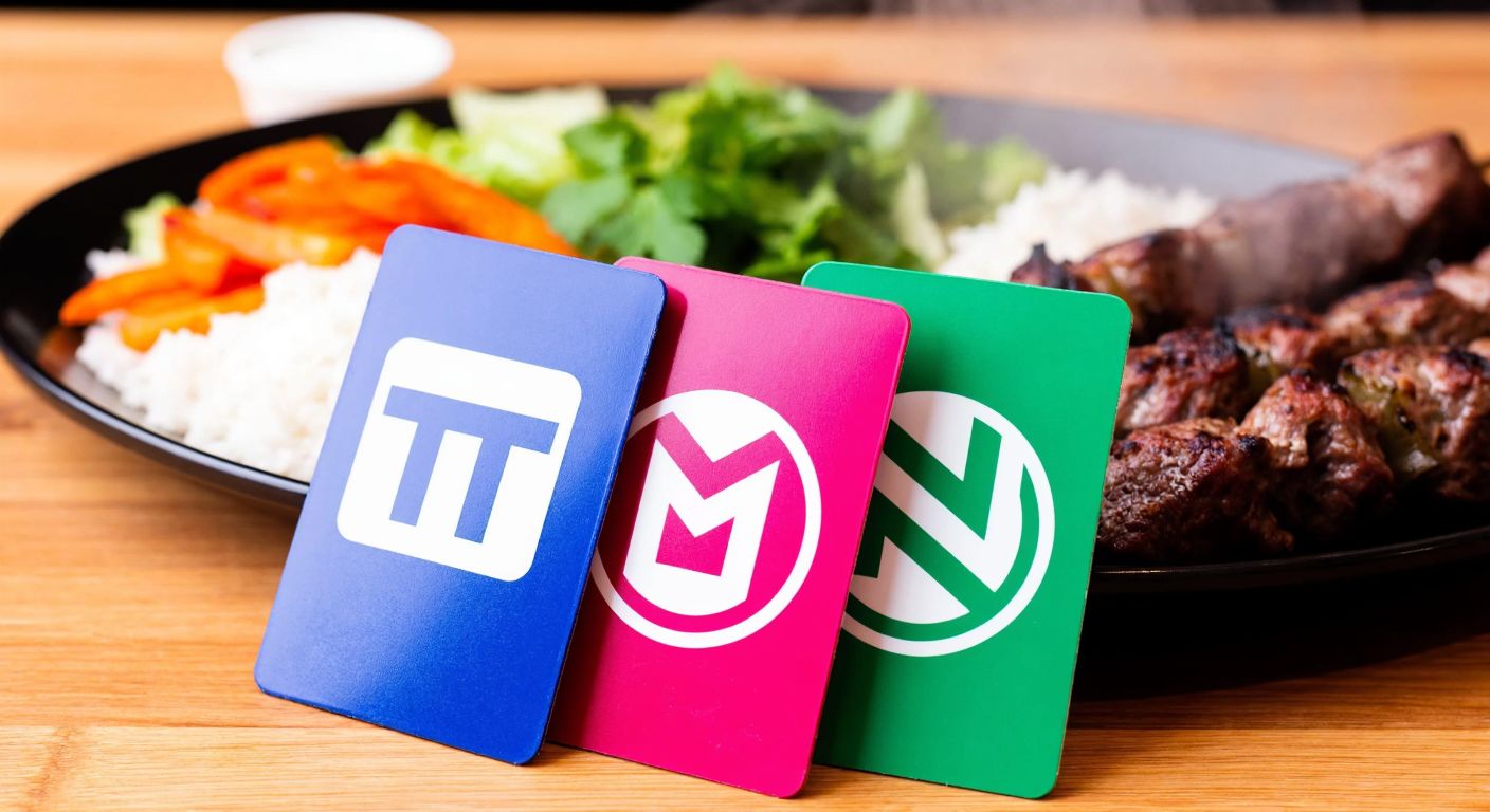 A close-up of three colorful plastic meal cards with distinct logos—one featuring a stylized "T," another with a bold "M," and the last displaying an abstract "S"—resting on a wooden table beside a steaming plate of Turkish kebabs.