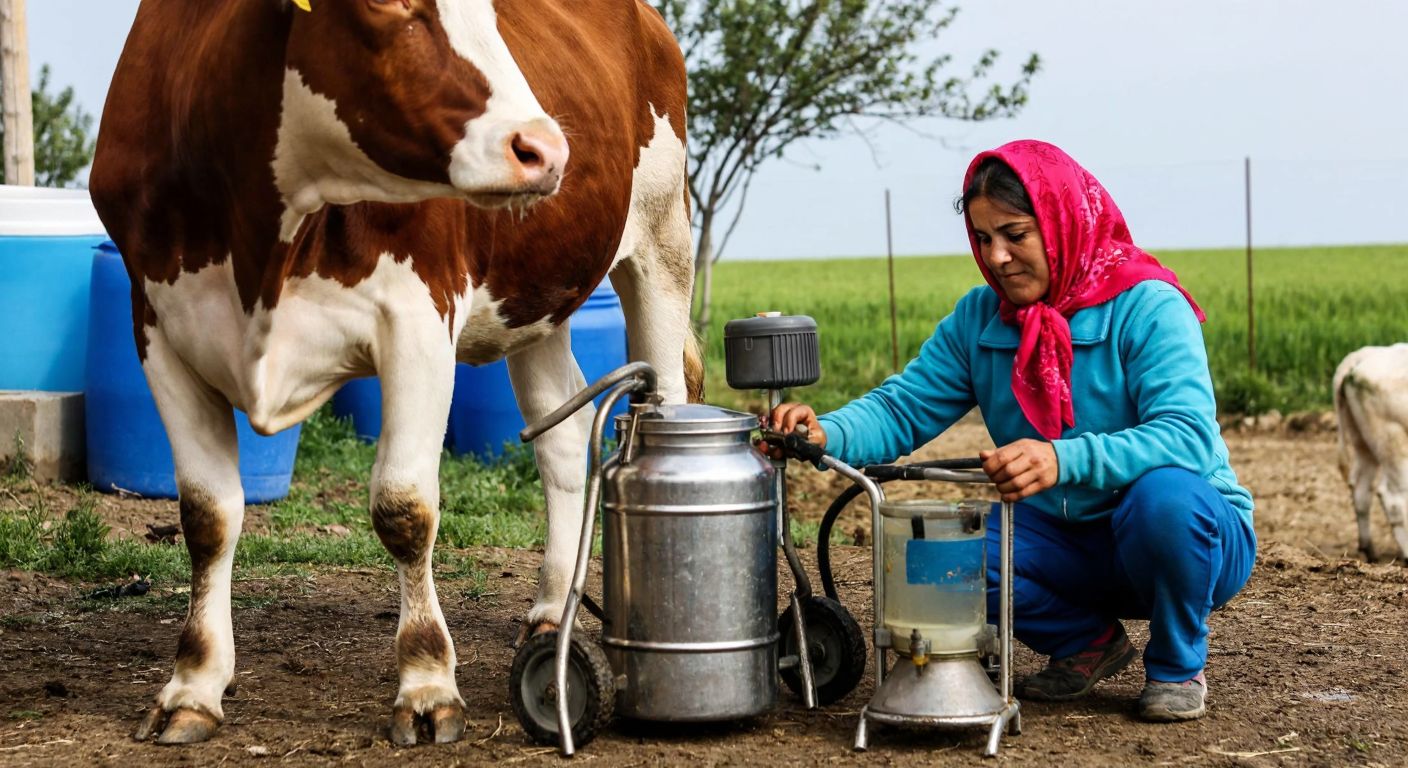 A Turkish woman in a rural setting carefully assembles a milking machine while a cow stands patiently nearby, with clean containers and fresh milk visible in the background.