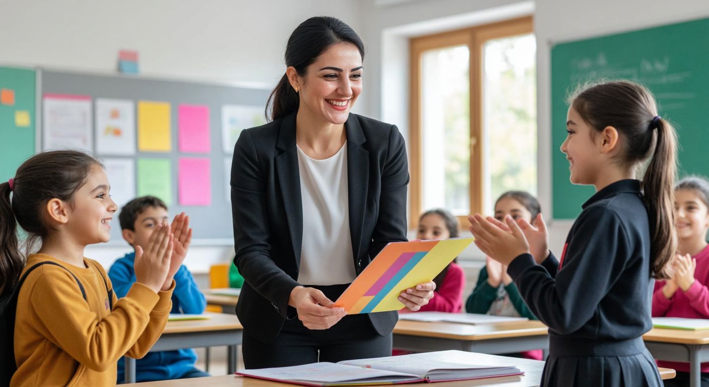 A smiling Turkish teacher in a bright classroom gently handing a colorful report card to a proud young student, surrounded by cheerful classmates clapping in encouragement.