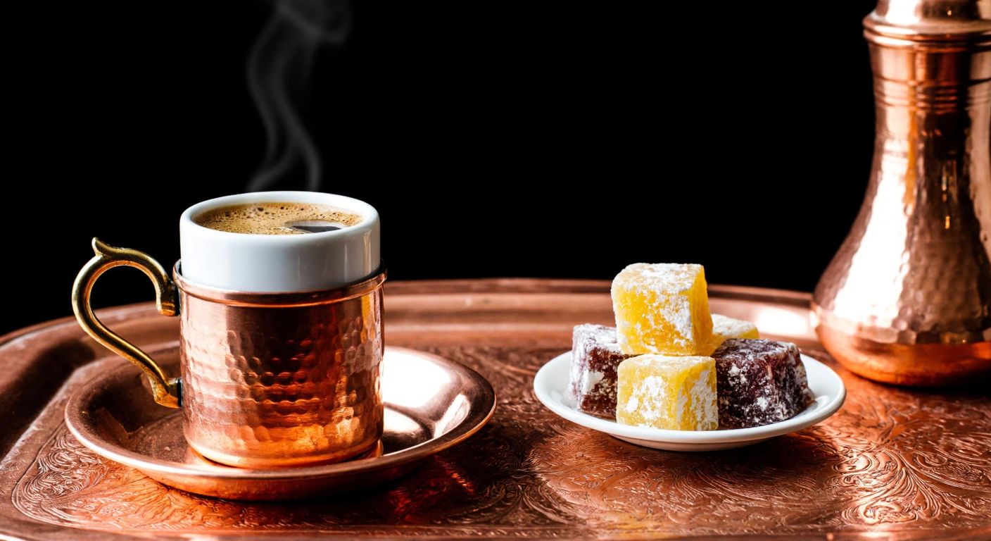 A steaming cup of dark, strong Turkish coffee with a rich aroma, placed on a traditional copper tray beside a small plate of Turkish delight, evoking warmth and bold flavor.