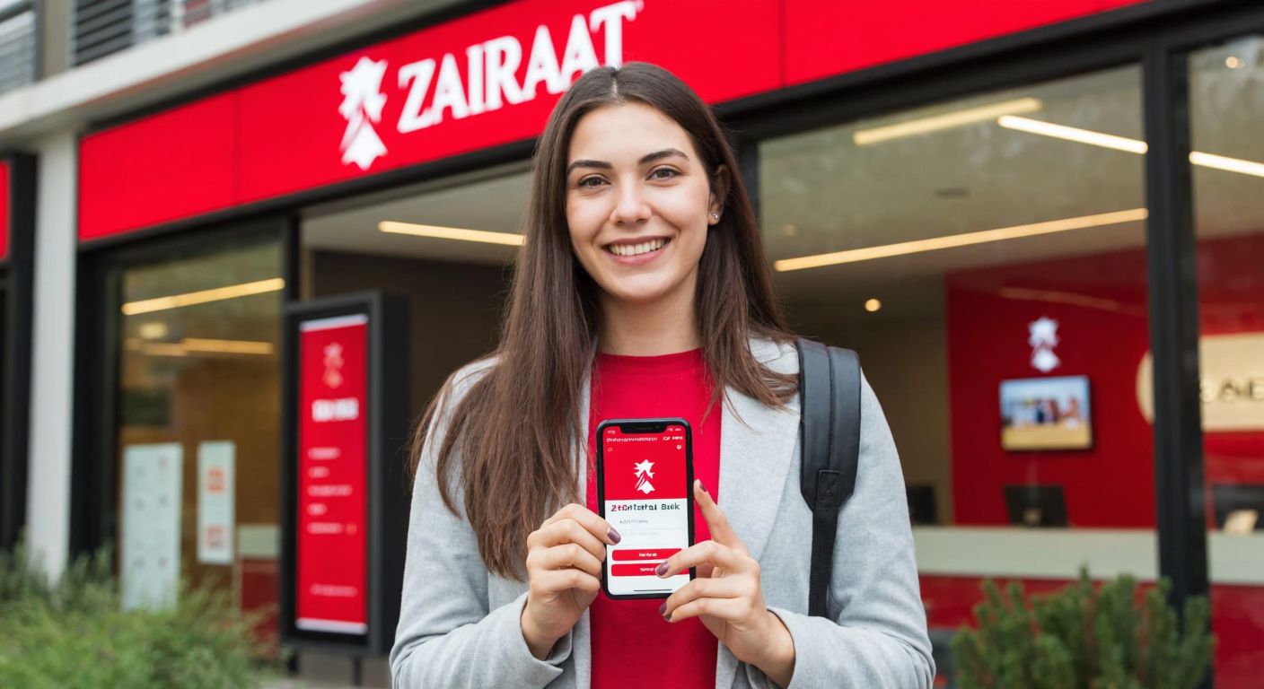A young Turkish woman in casual clothing holds a smartphone with a Ziraat Bank app open, smiling confidently while standing near a modern bank branch with the Ziraat logo visible in the background.