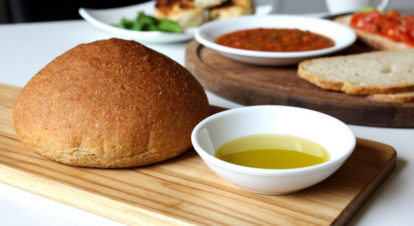 A warm, golden loaf of whole wheat bread sits on a wooden cutting board beside a small bowl of olive oil, with a traditional Turkish breakfast spread in the background, evoking both indulgence and mindful eating.