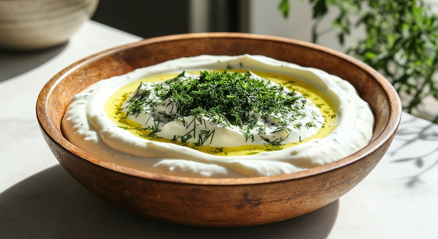 A rustic wooden bowl filled with creamy white yogurt, topped with finely chopped fresh green dill and a drizzle of golden olive oil, placed on a sunlit kitchen counter in a Turkish home.