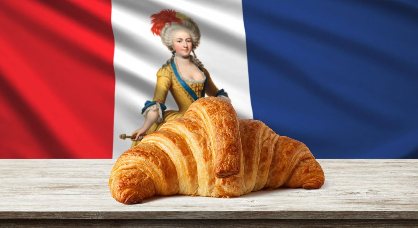 A golden, flaky croissant on a rustic wooden table, with a French flag draped in the background and a faint silhouette of Marie Antoinette holding a crescent-shaped pastry, evoking the historical journey from Austria to France.
