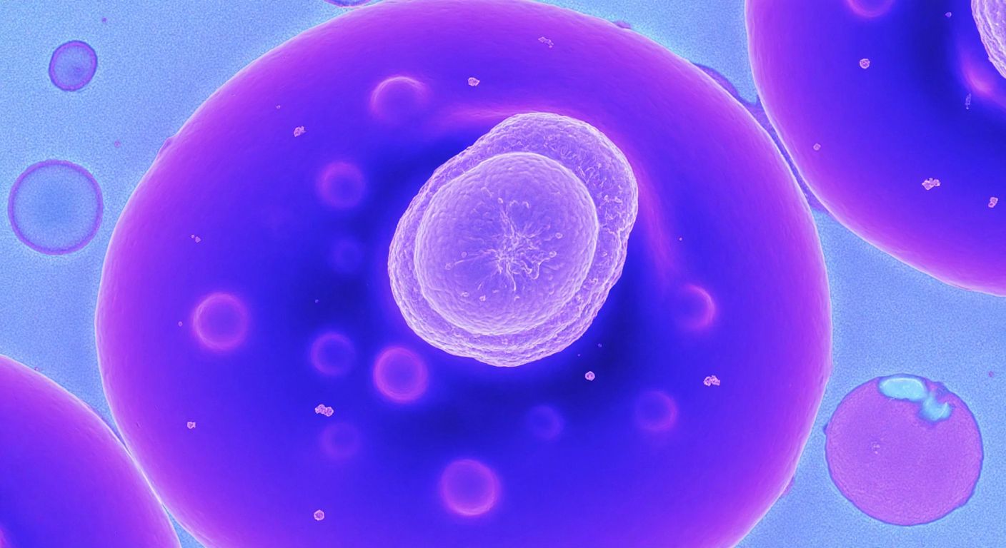 A microscopic view of a motionless animal cell with absent spindle fibers, surrounded by inactive neighboring cells, conveying the stillness of halted division.