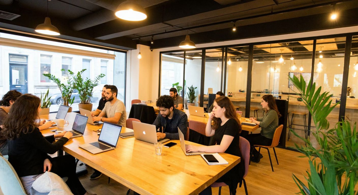 A bright, modern co-working space in Kadıköy with diverse people collaborating at wooden tables, holding laptops and notebooks, while others chat in a glass-walled meeting room, surrounded by potted plants and warm lighting.