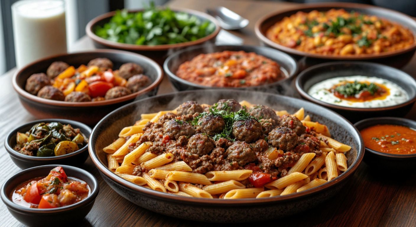A steaming plate of minced meat pasta surrounded by small bowls of Turkish dishes like köfte, şakşuka, cacık, and roasted vegetables, evoking warmth and home-cooked comfort.