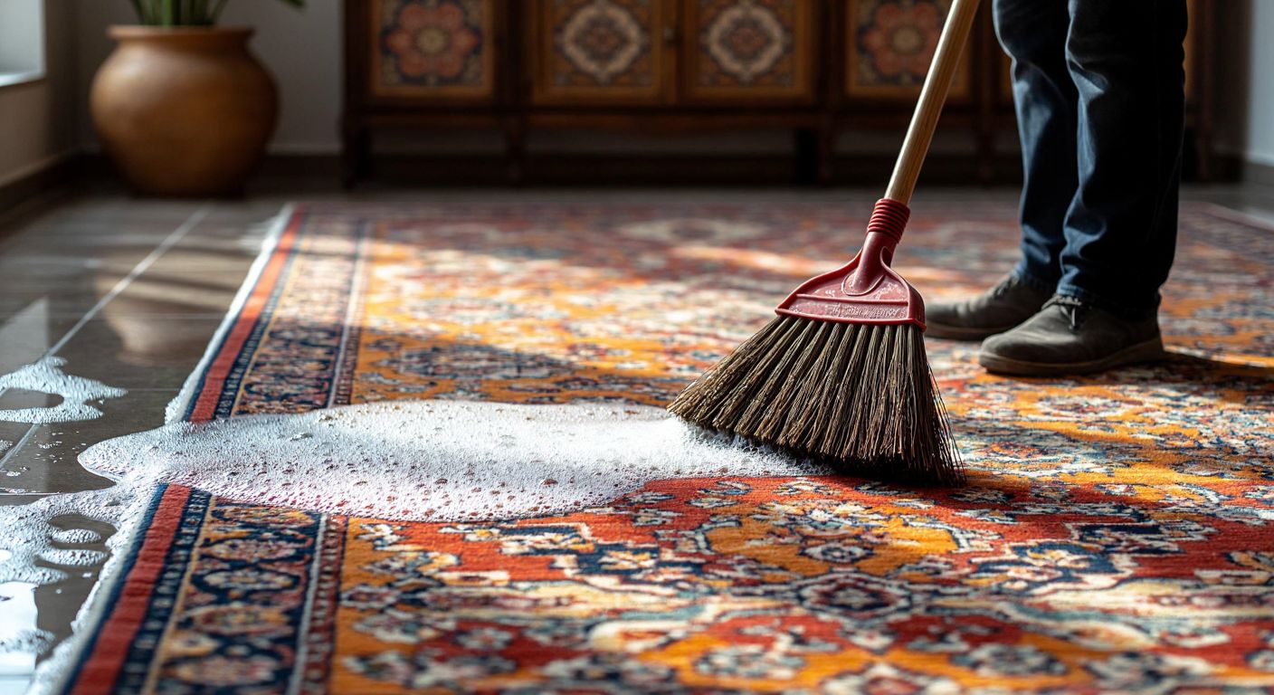 A vibrant Turkish carpet being thoroughly washed with soapy water by a professional cleaner, while a dusty, neglected carpet lies nearby with a broom leaning against it.