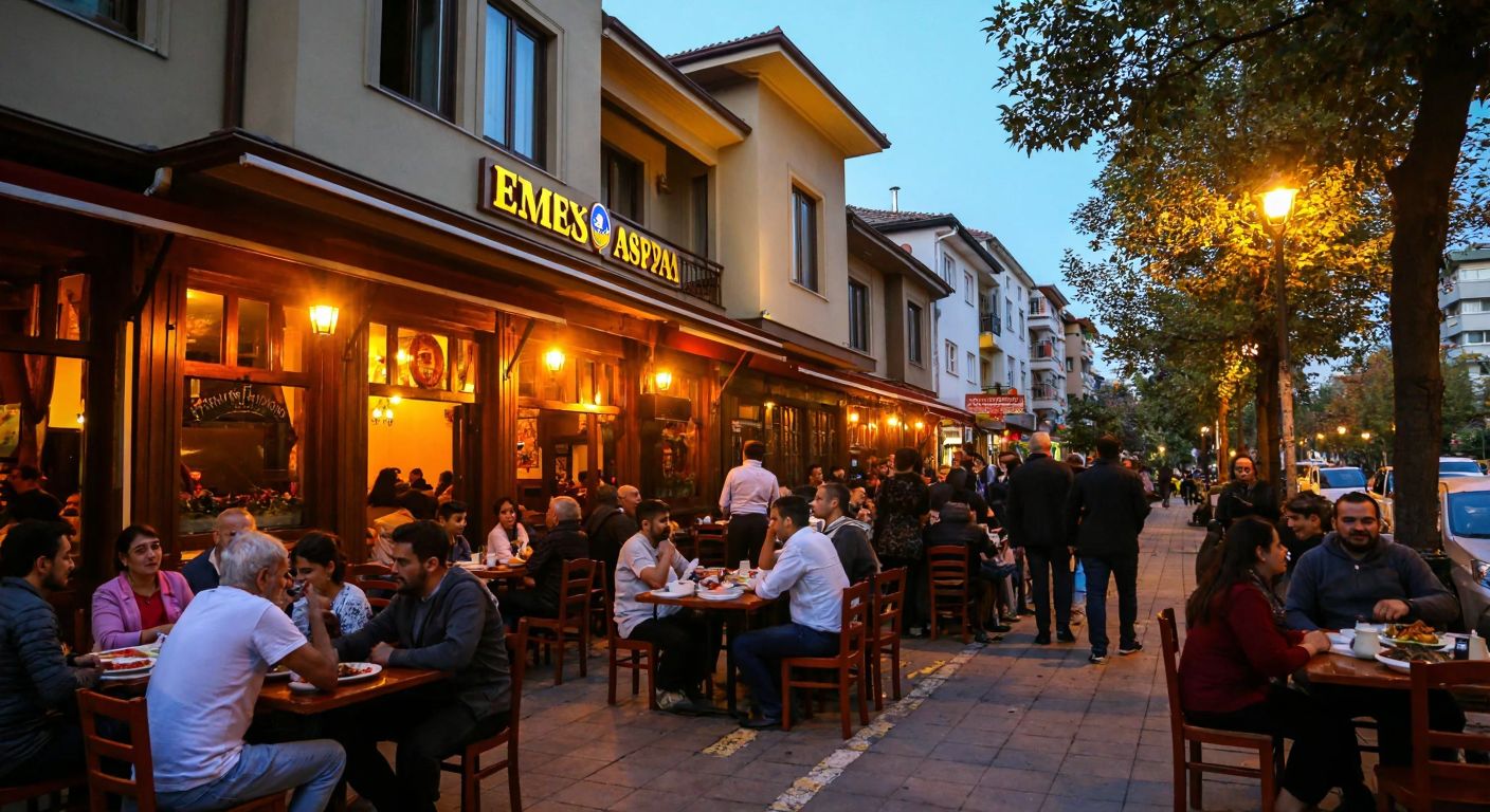 A bustling street in Ankara's Emek neighborhood, with a warmly lit traditional Turkish restaurant (Emek Aspava) serving steaming plates of kebabs and mezze, surrounded by locals chatting at outdoor tables under a clear blue sky.