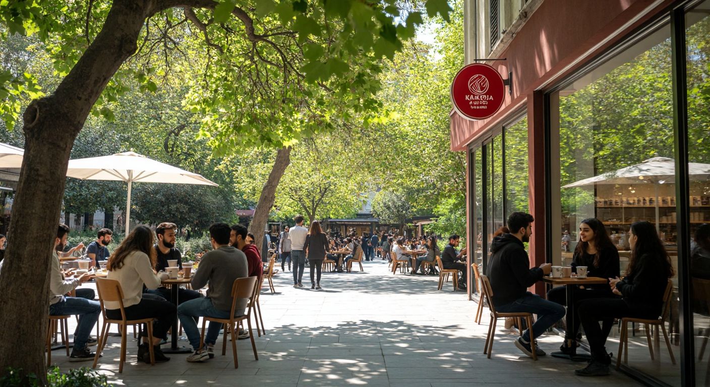 A bustling university courtyard in Istanbul, with students chatting under the shade of trees, holding steaming cups of Turkish coffee from a nearby Kahve Dünyası café, its red-and-white logo subtly visible on the glass door.