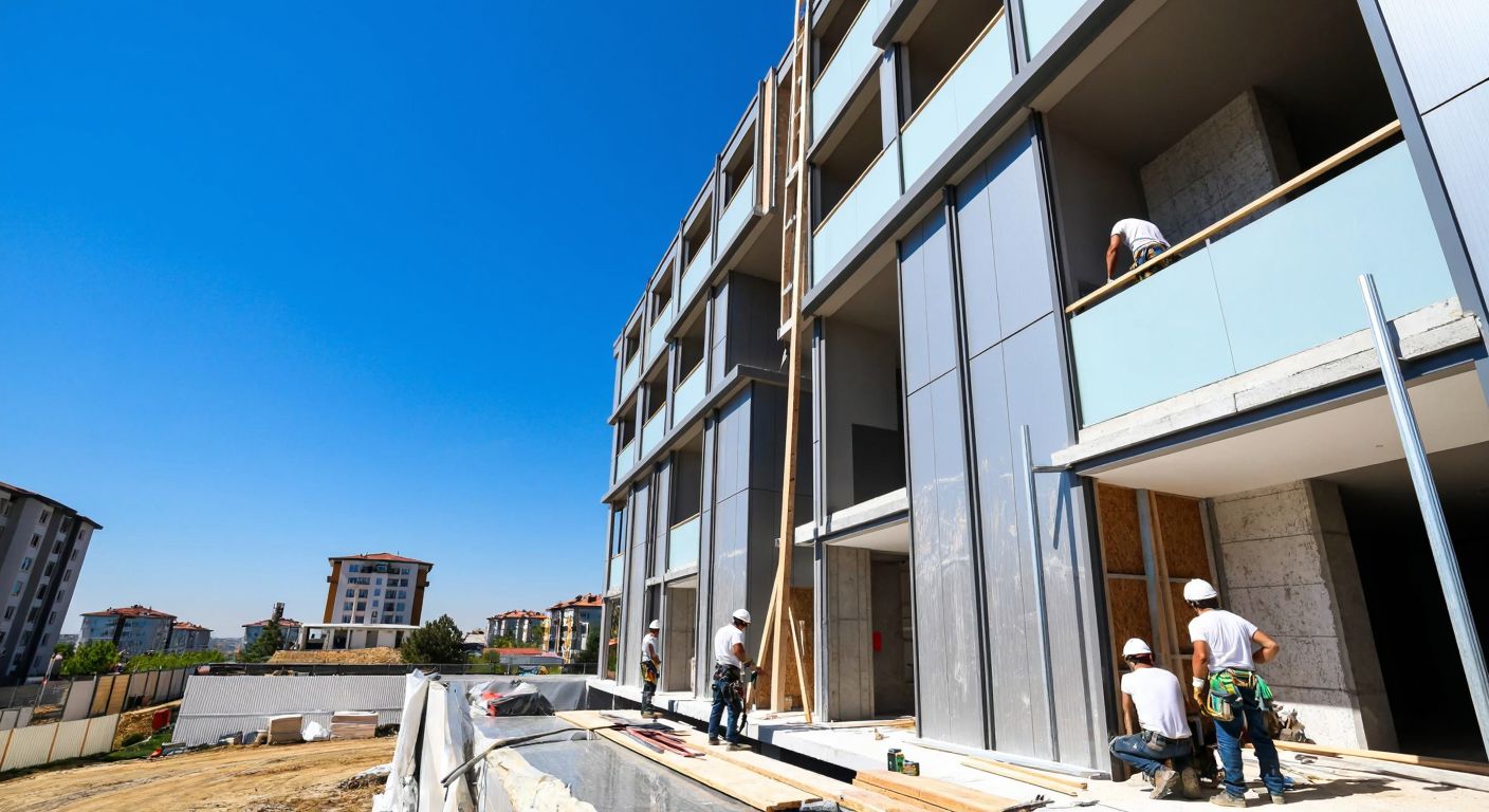 A modern construction site in Istanbul's Beylikdüzü district, with workers in hard hats applying insulation to a building's exterior under a bright blue sky.