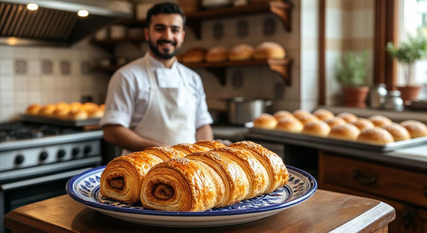 A golden-brown, flaky Sarayroll pastry sits on a traditional Turkish ceramic plate, with a warm bakery kitchen in the background and a smiling baker in a white apron holding a tray of freshly baked rolls.