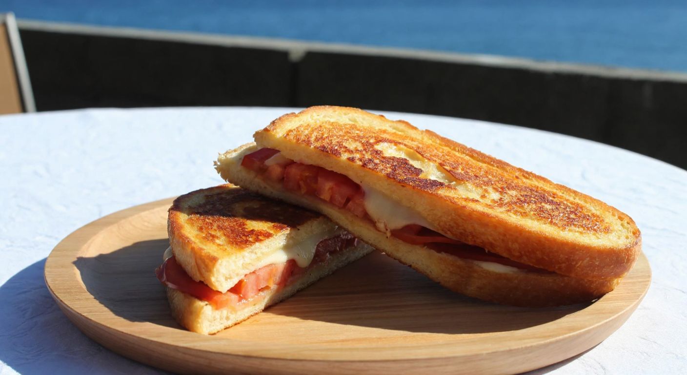 A golden-brown, crispy Ayvalık toast cut in half on a wooden plate, oozing melted cheese and filled with slices of sausage and tomatoes, placed on a rustic table with a view of the Aegean Sea in the background.