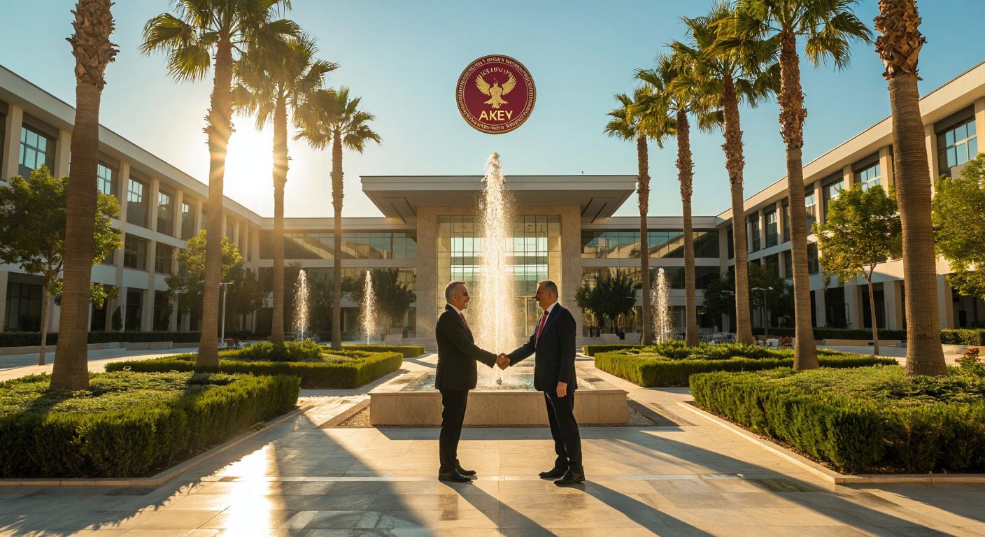 A sunlit modern university campus in Antalya with palm trees, a grand entrance bearing the AKEV emblem (without text), and two distinguished Turkish men in formal attire shaking hands near a fountain.