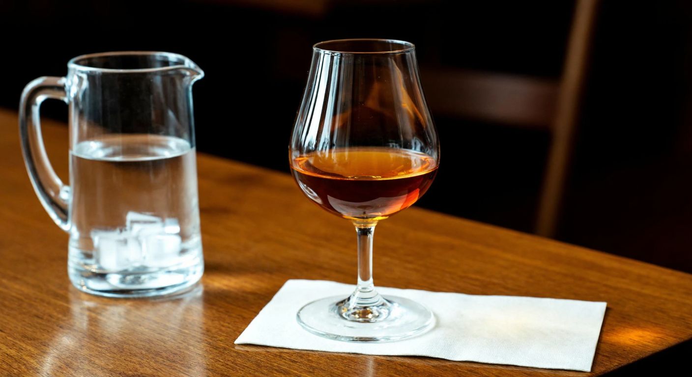 A warm, amber-colored brandy in a tulip-shaped glass rests on a wooden table beside a small pitcher of water and ice cubes, evoking a cozy, refined atmosphere.