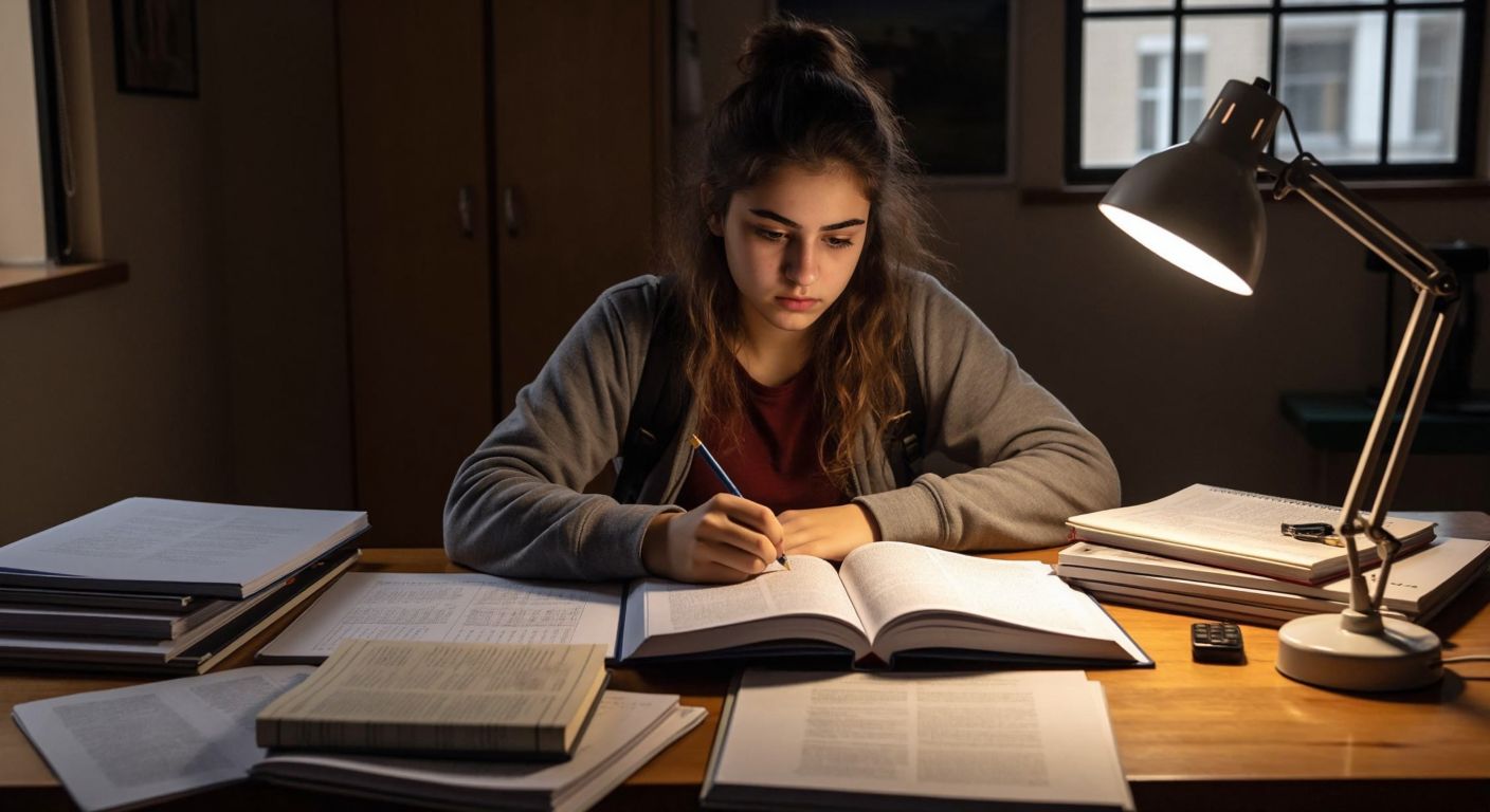 A focused Turkish high school student sits at a wooden desk, surrounded by open math textbooks and notebooks, with a determined expression while flipping through pages under a warm desk lamp.