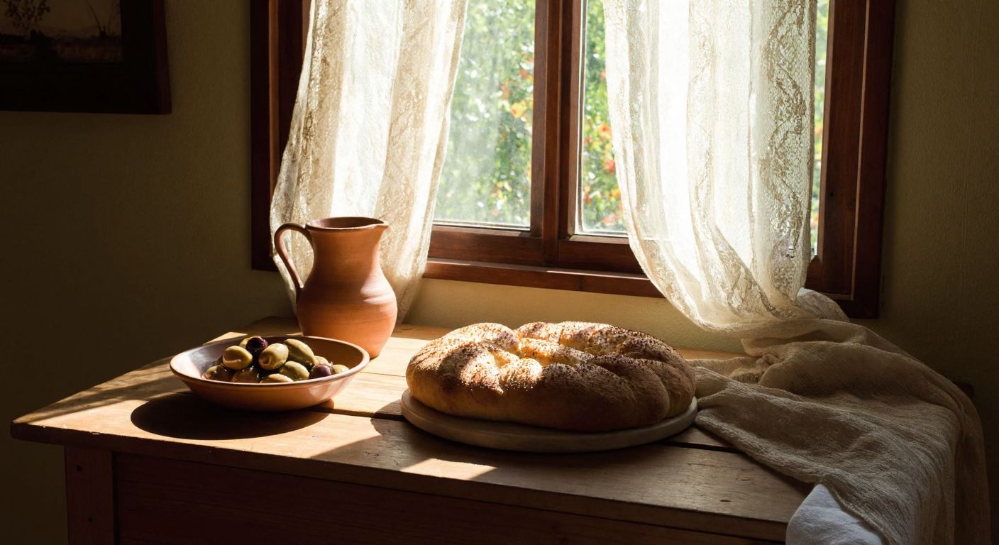 A warm, rustic Turkish kitchen with a wooden table holding a freshly baked loaf of crusty bread, a bowl of olives, and a simple ceramic jug, bathed in soft sunlight filtering through a lace curtain.