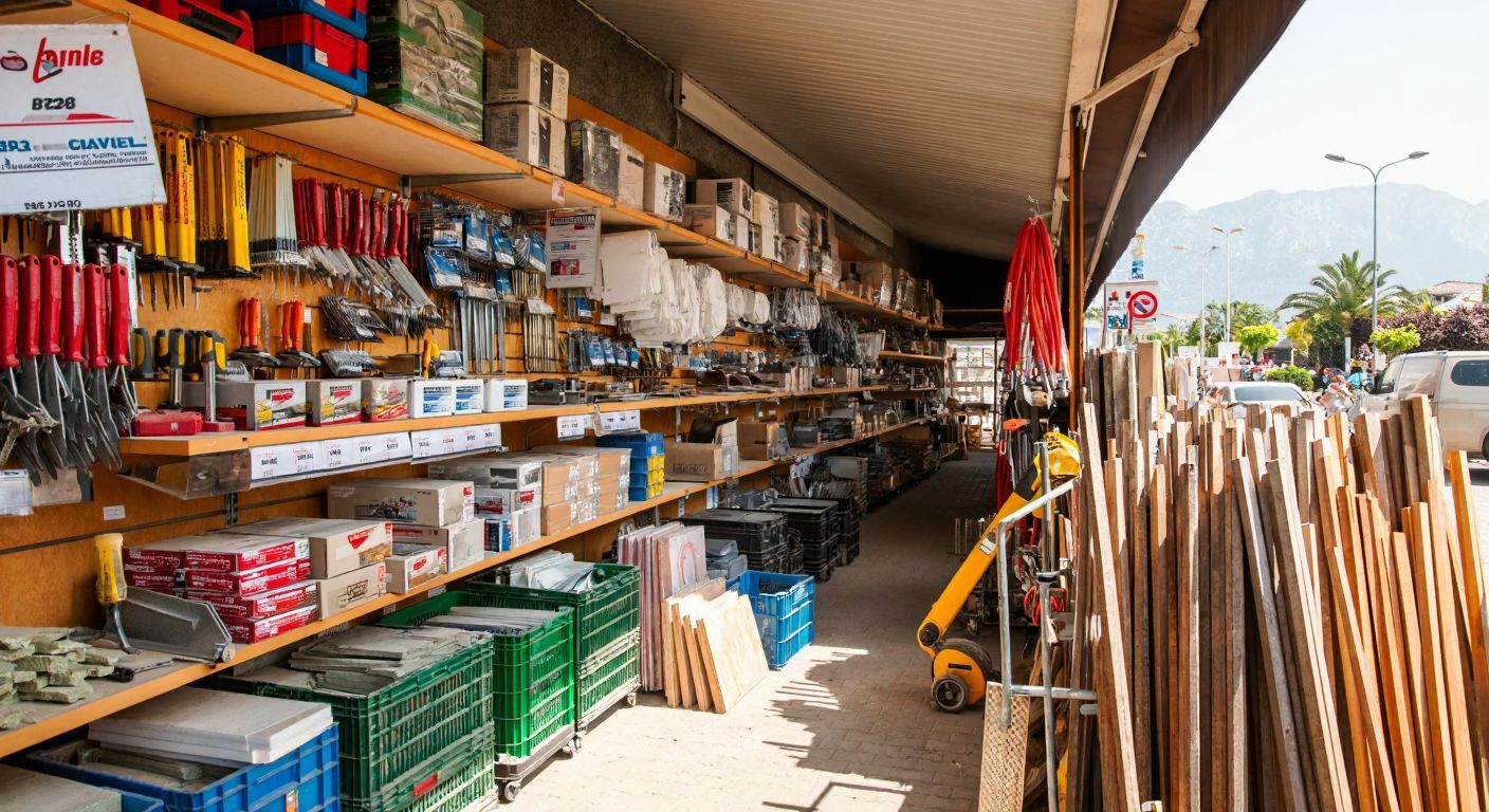 A bustling hardware store in Antalya's coastal town of Kemer, with shelves filled with tools and construction materials, under a bright sun reflecting off the Mediterranean Sea.
