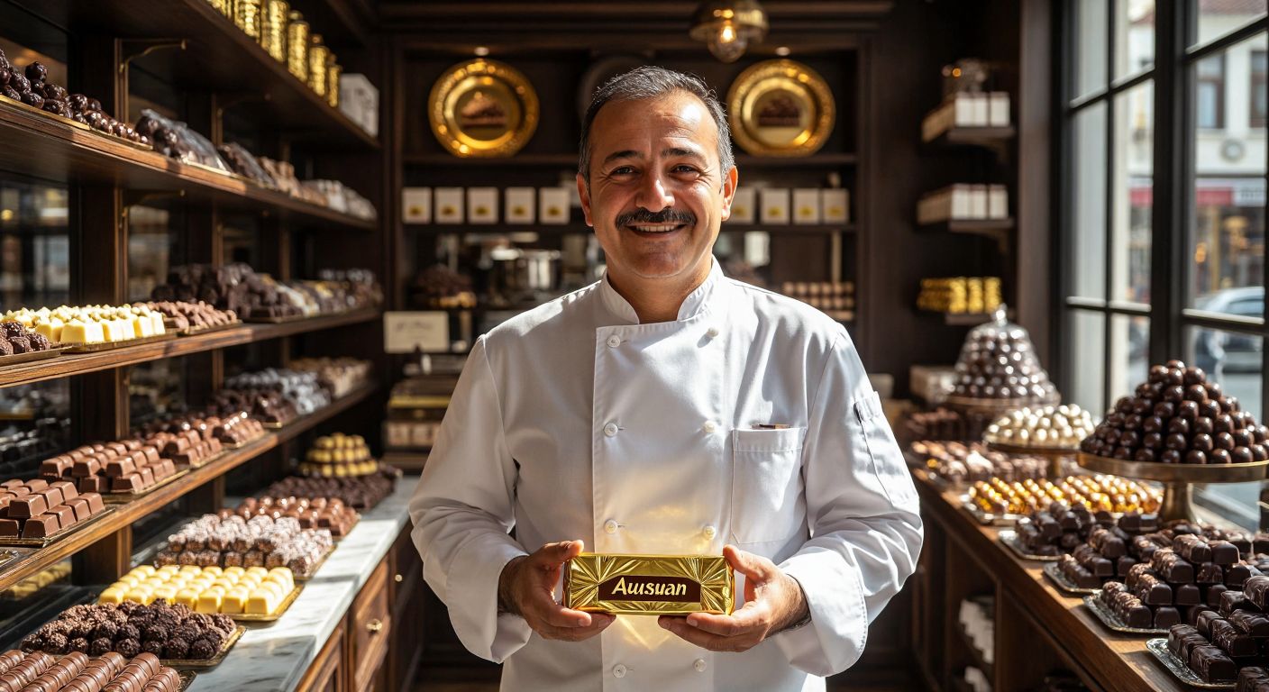A smiling middle-aged Turkish man in a crisp white chef's coat stands proudly in a bustling Istanbul chocolate shop, holding a golden-wrapped "Asuman" chocolate bar while warm sunlight streams through the window onto shelves lined with glossy confections.