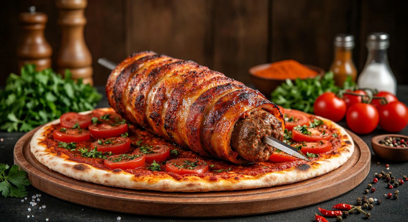 A golden-brown, juicy **Silifke döner** rotating on a vertical spit, surrounded by fresh vegetables like tomatoes and parsley, with a vibrant mix of spices and a drizzle of zesty sauce on a warm, round flatbread.