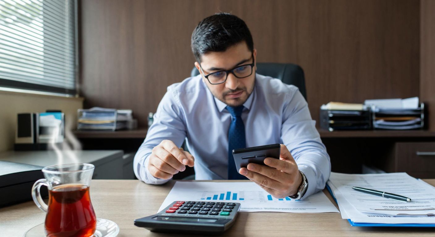 A Turkish accountant in a tidy office, wearing glasses and a focused expression, holds a calculator while pointing at a printed tax bracket chart on the desk, with a steaming cup of Turkish tea beside a stack of documents.