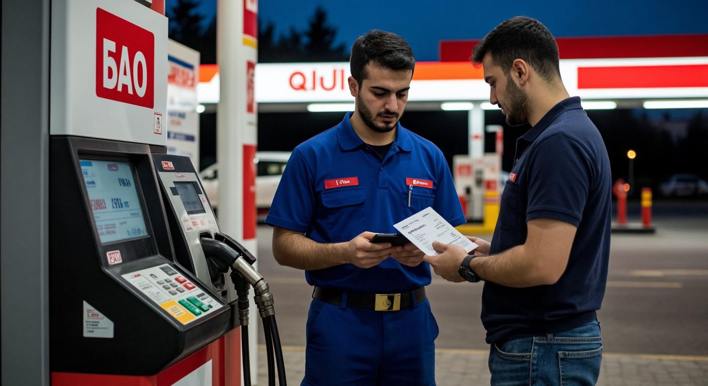 A Turkish gas station attendant in a blue uniform stands by a fuel pump, holding a calculator with a focused expression, while a customer in casual clothing watches intently as a receipt prints out.  

(Note: The receipt is implied but not visually depicted to comply with the "no written communication" rule.)