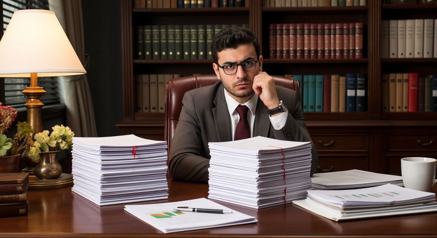 A Turkish accountant in a tidy office, thoughtfully comparing two stacks of documents labeled "Monthly" and "Quarterly" while a calendar with seasonal markers (spring, summer, autumn, winter) sits on the desk.