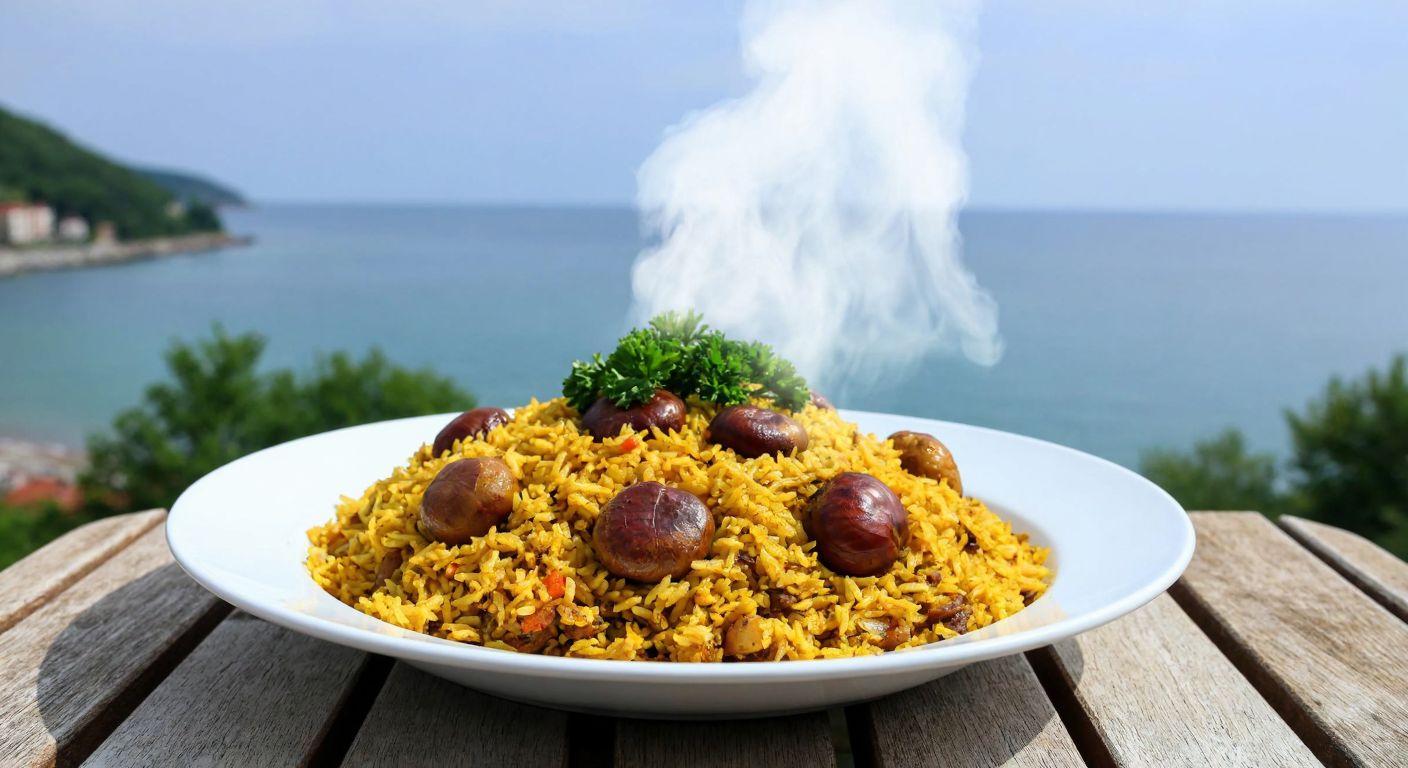 A steaming plate of golden rice pilaf with roasted chestnuts, garnished with fresh parsley, set on a rustic wooden table overlooking the Black Sea coastline near Sinop.
