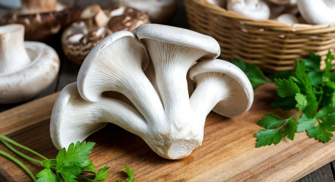 A close-up of a fresh oyster mushroom with a natural grayish cap resting on a wooden cutting board in a Turkish kitchen, surrounded by fresh herbs and a rustic basket of wild mushrooms.