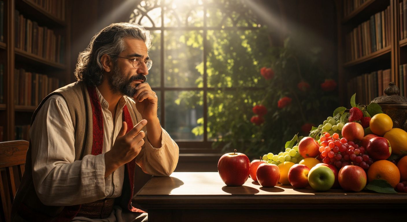 A Turkish philosopher in a sunlit library gestures thoughtfully toward a red apple on a wooden table, symbolizing determinate qualities, while a spectrum of colorful fruits beside it represents determinable possibilities.