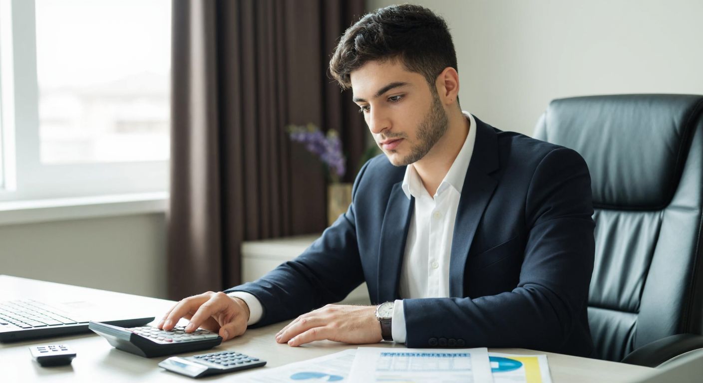 A young professional in a formal office setting in Turkey, wearing a neat suit, sits at a desk with a calculator and financial documents, looking focused while working on accounting tasks.