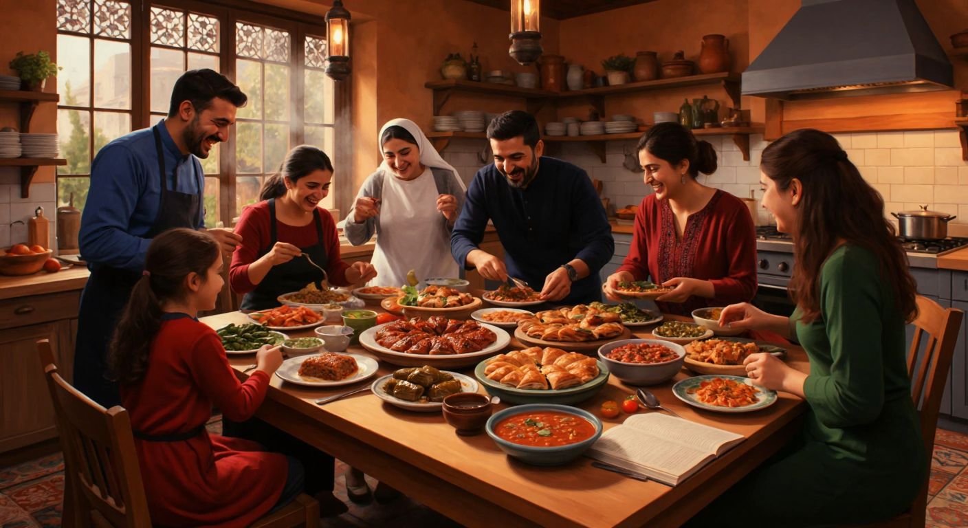 A warm Turkish kitchen with a wooden table covered in colorful dishes like dolma, baklava, and pide, surrounded by people of different ages laughing and sharing food, while an open book with food illustrations lies nearby.