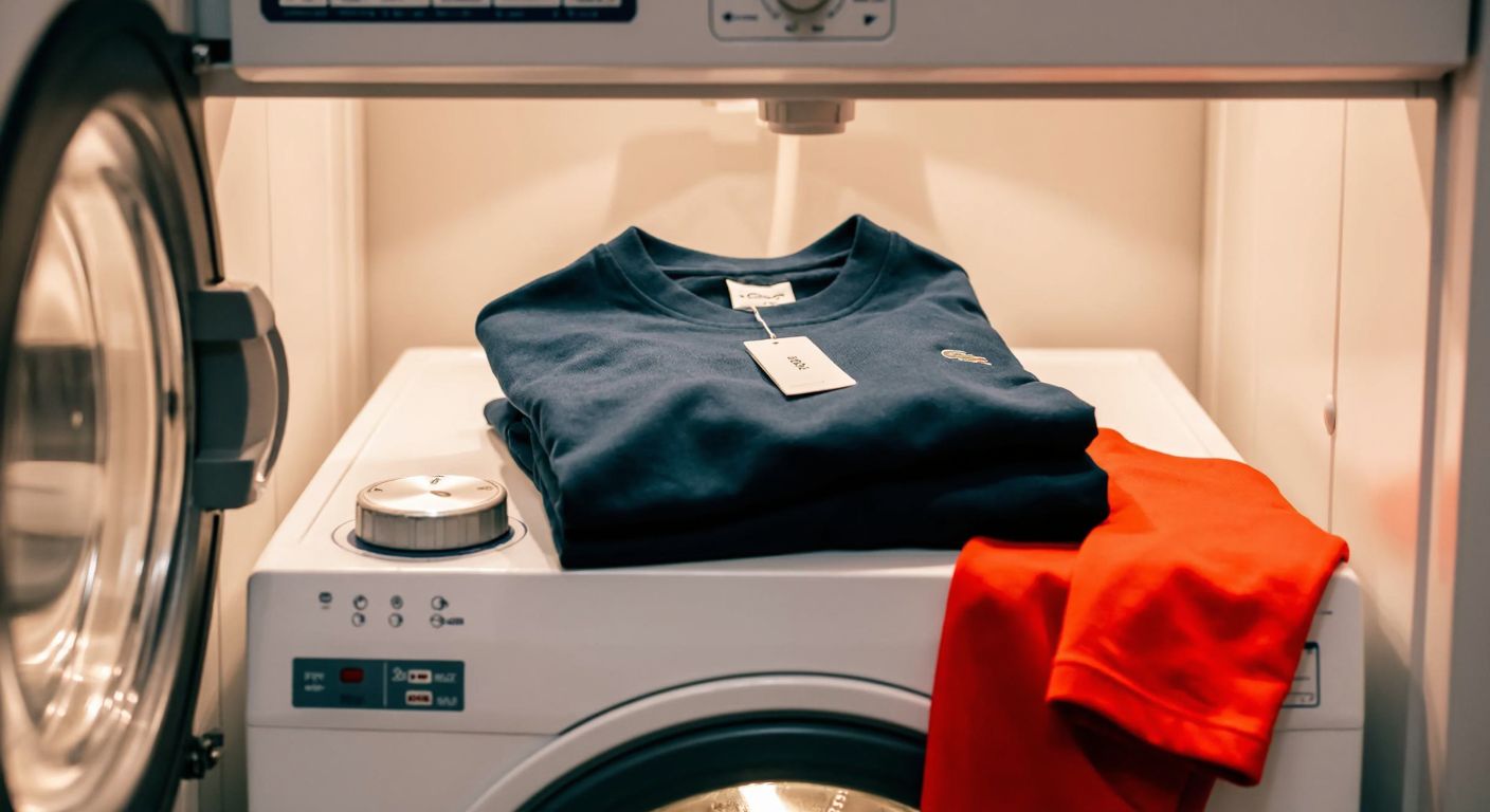 A neatly folded Lacoste tracksuit placed on a washing machine, with a dial set to 30 degrees, surrounded by soft laundry detergent and warm indoor lighting.