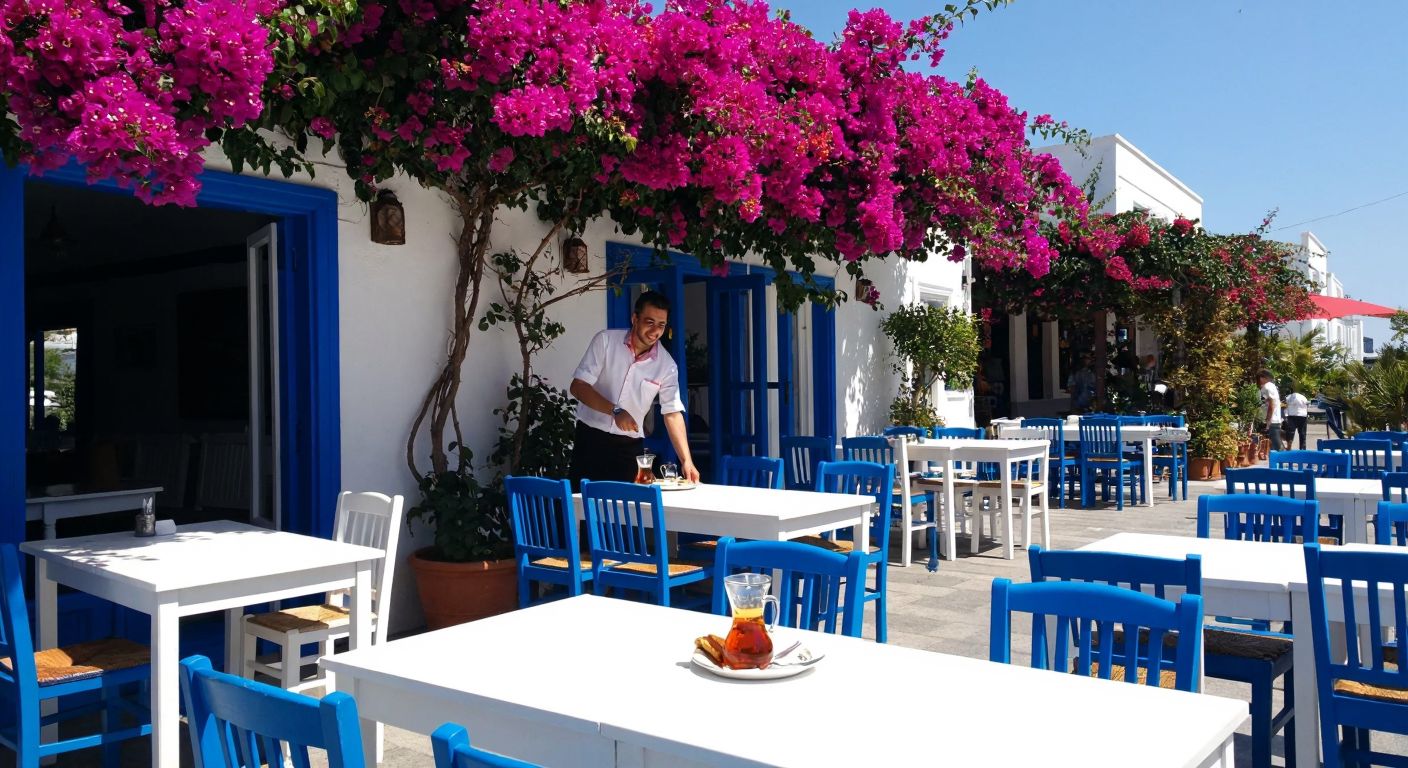 A sunny outdoor café in Bodrum with white tables and blue chairs, surrounded by bougainvillea, where a cheerful waiter serves Turkish tea to relaxed patrons.