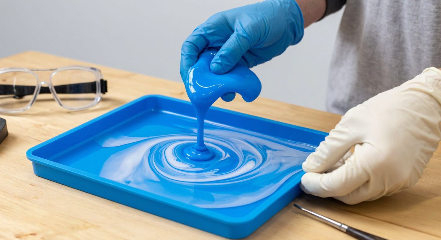 A pair of hands wearing protective gloves carefully pours a swirling, glossy mixture of blue and white epoxy resin into a silicone tray mold on a wooden workbench, with safety goggles and a mask nearby.