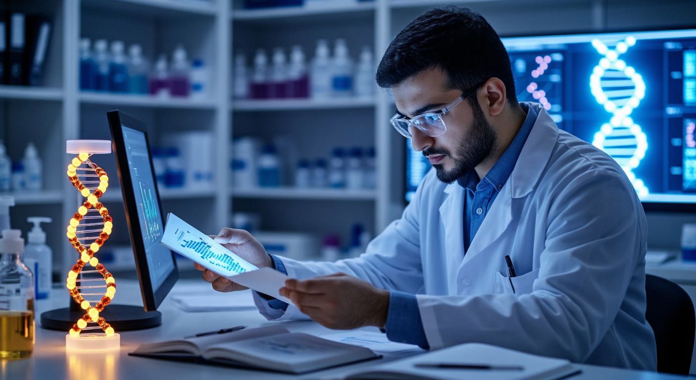 A focused Turkish scientist in a lab coat examines a glowing DNA helix on a computer screen, surrounded by molecular models and open textbooks in a modern research laboratory.