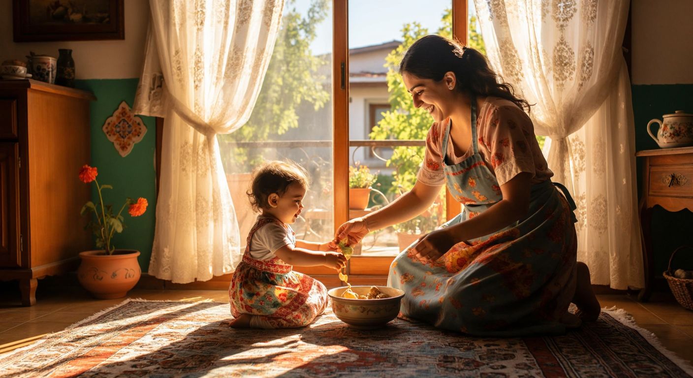 A warm Turkish home with a smiling female caregiver in a colorful apron playing with a toddler on a patterned rug, while sunlight streams through lace curtains.