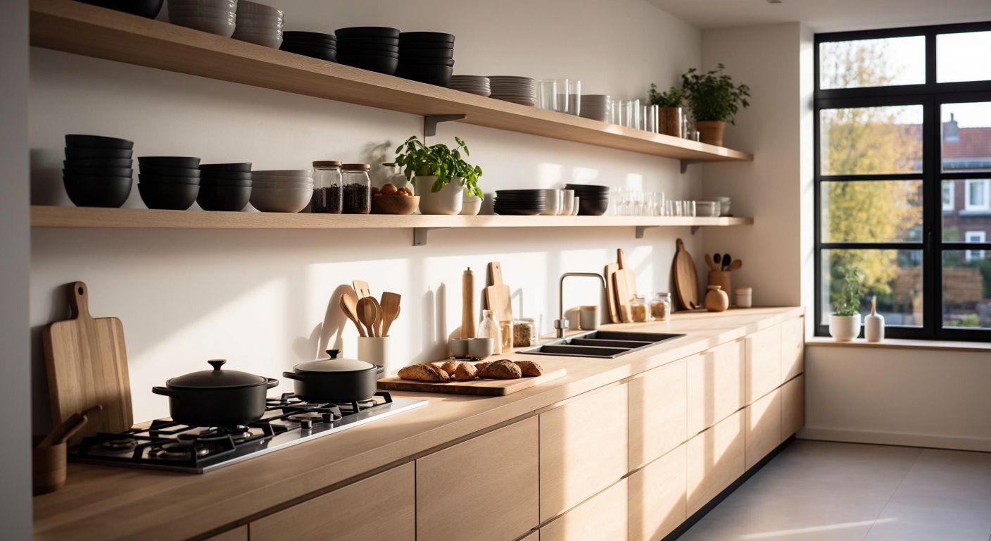 A sleek, modern Dutch-style kitchen with minimalist wooden shelves displaying high-quality houseware items under soft natural light, reflecting a clean and efficient European design aesthetic.