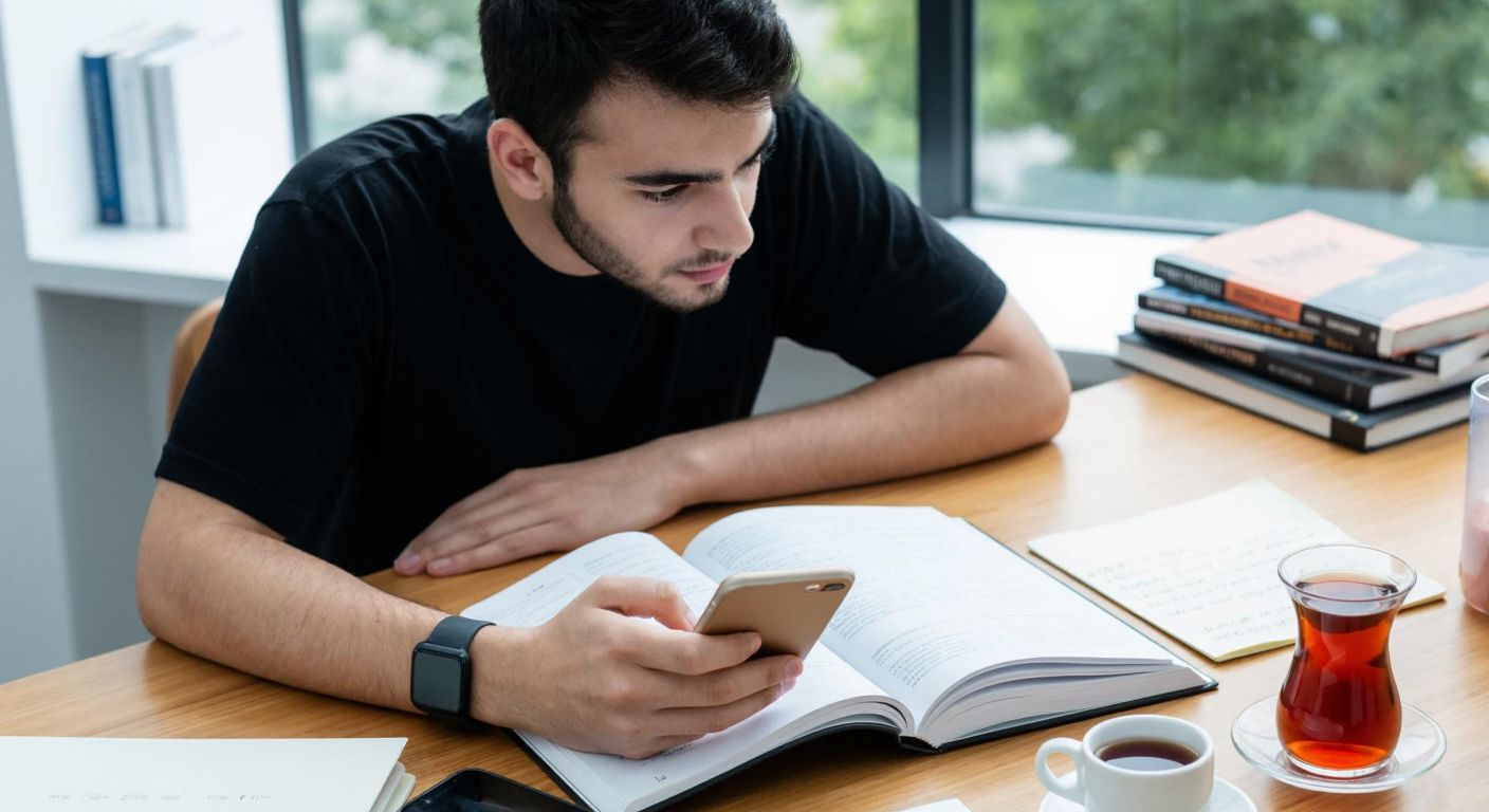 A focused Turkish student sits at a wooden desk with an open textbook, watching a video tutorial on a smartphone propped against a stack of books, surrounded by notes and a steaming cup of çay.