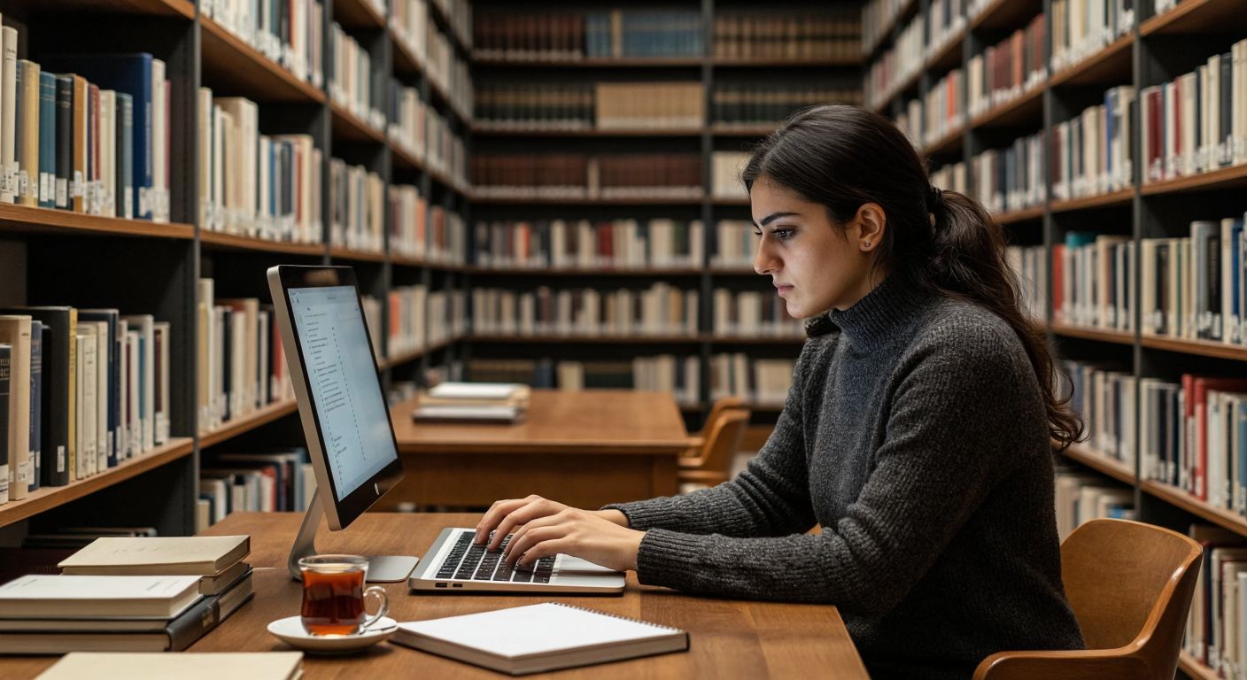 A focused Turkish researcher in a modern library, surrounded by towering shelves of academic journals, intently browsing a digital catalog on a sleek monitor, with a warm cup of çay on the wooden desk.
