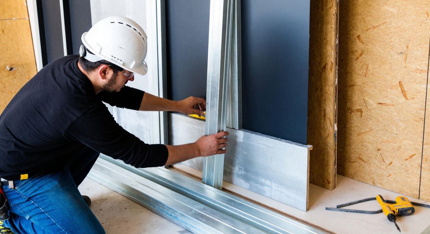 A construction worker in a hard hat carefully places thick, fibrous stone wool panels onto a clean, prepared wall in a Turkish home, with tools and metal profiles scattered nearby.