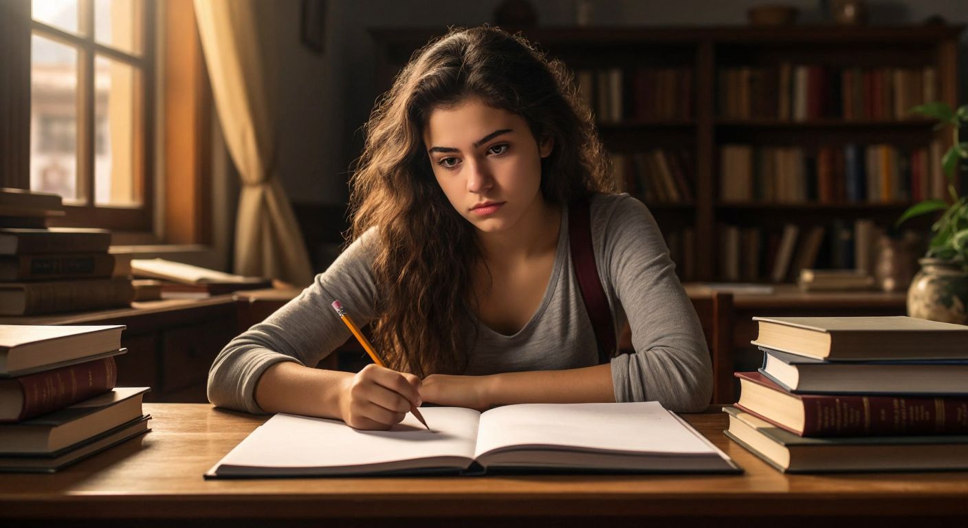 A determined student in Turkey sits at a wooden desk, gripping a pencil tightly while staring at a blank YDS exam paper, with a focused expression and a pile of study books beside them.
